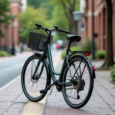 A comfortable hybrid bicycle with a basket and fenders, ideal for city riding.