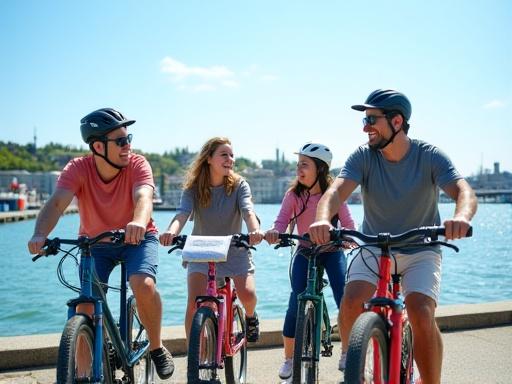 A family renting hybrid bikes with the Halifax waterfront in the background.