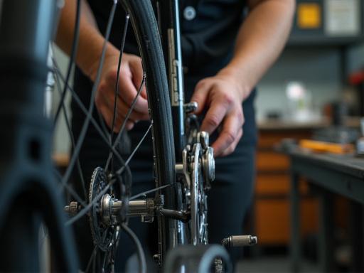 A mechanic fine-tuning a bicycle's gears in the workshop.